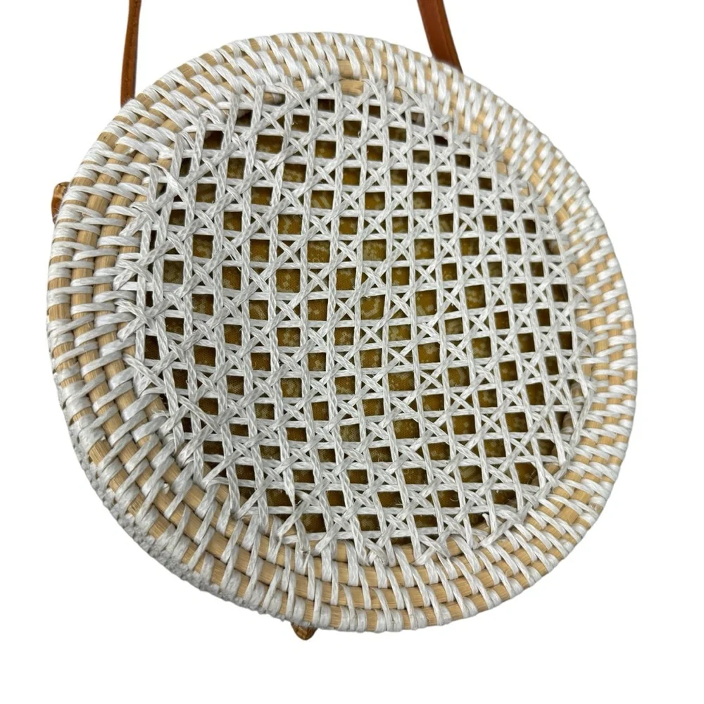 Anthropologie White Woven Round Crossbody with Tan Strap - Picture 6 of 9